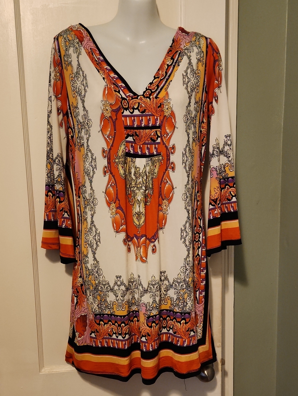 White Mark Orange and White Ornate V-Neck Tunic, Dress or Cover Up